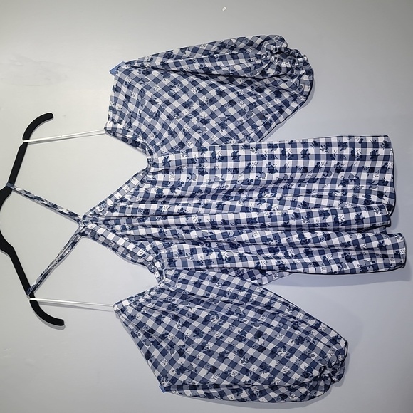 1 State Plus Size Gingham Blue/White Crepe Off the Shoulder Blouse - Picture 4 of 9